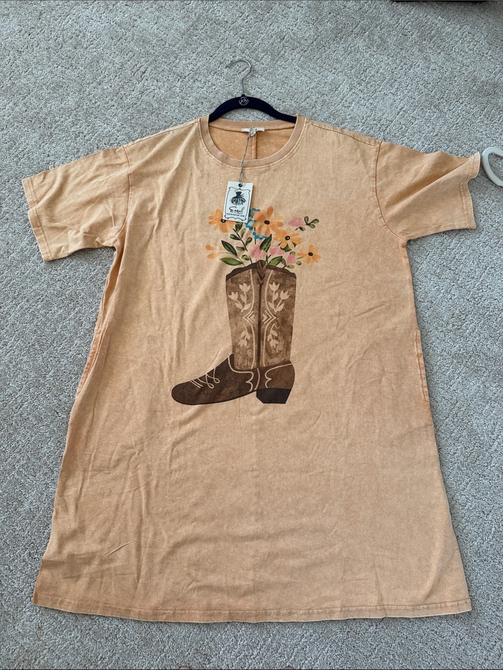 easel Beige Short-Sleeve Tee Dress with Brown Cowgirl Boot Graphic